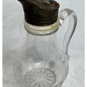 Antique Victorian Glass Pitcher With Ornate Pewter Lid & Handle